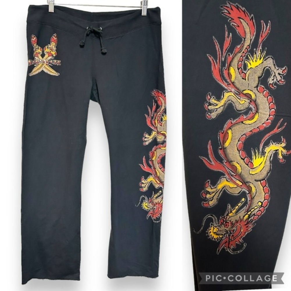 Rare Y2k lucky brand L sweatpants wide leg dragon graphic Singapore knit boho